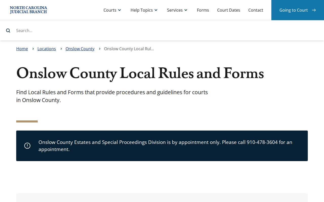 Onslow County civil docket calendar and local forms directory
