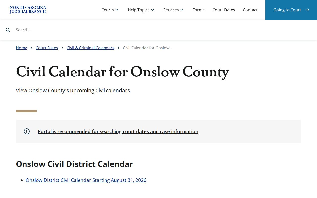 Onslow County civil docket calendar results interface