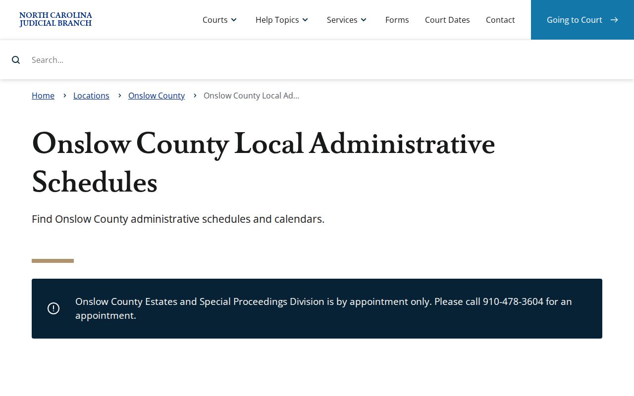 Onslow County court calendar page for official civil and criminal schedules