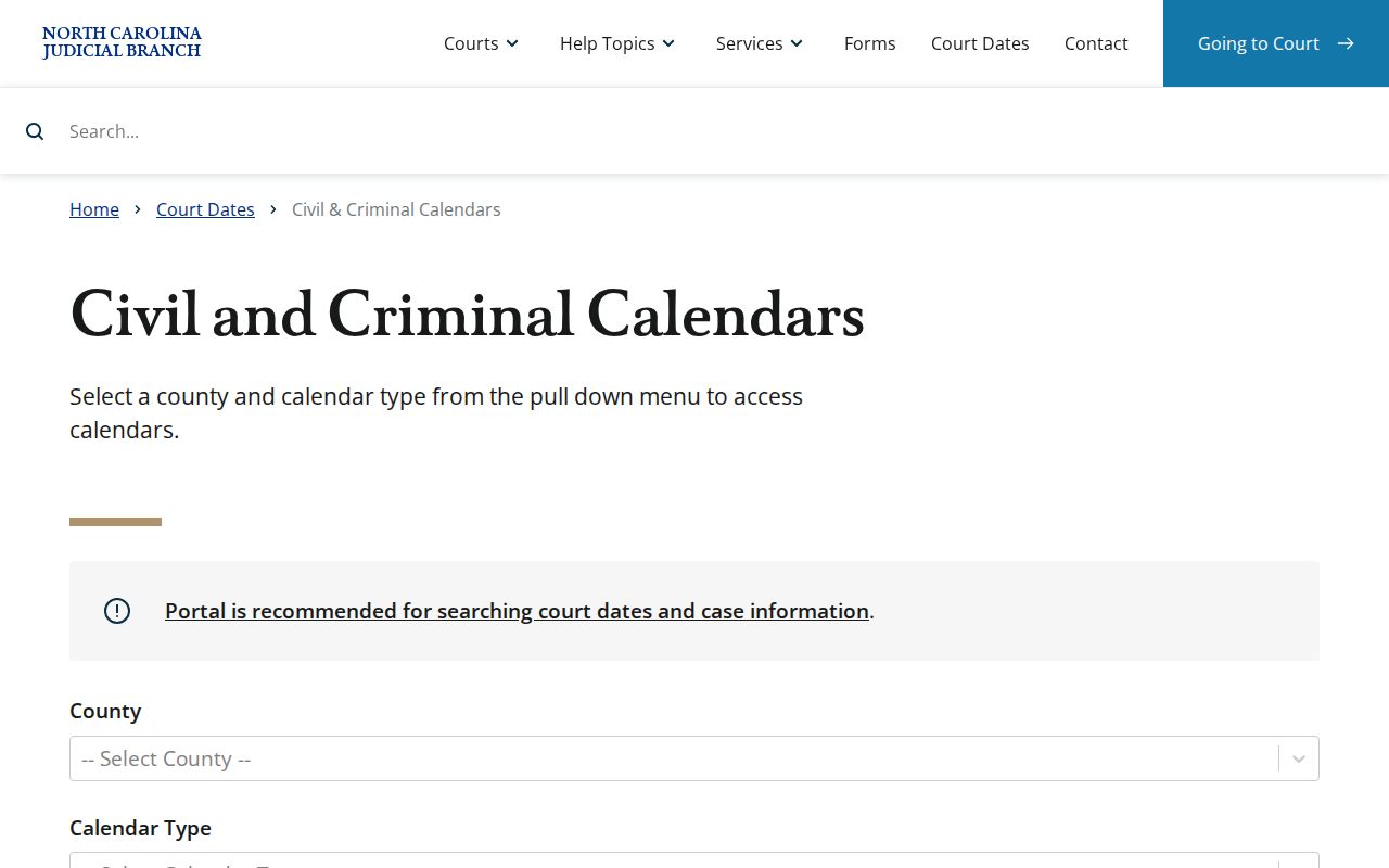 Onslow County court calendar search interface for North Carolina civil and criminal hearings