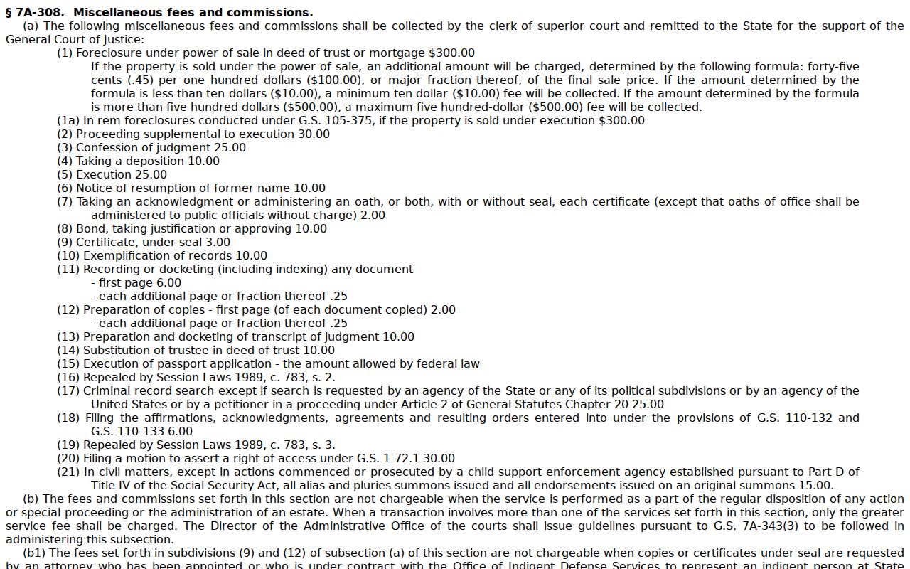 Onslow County court records statutory copy and certificate fee source