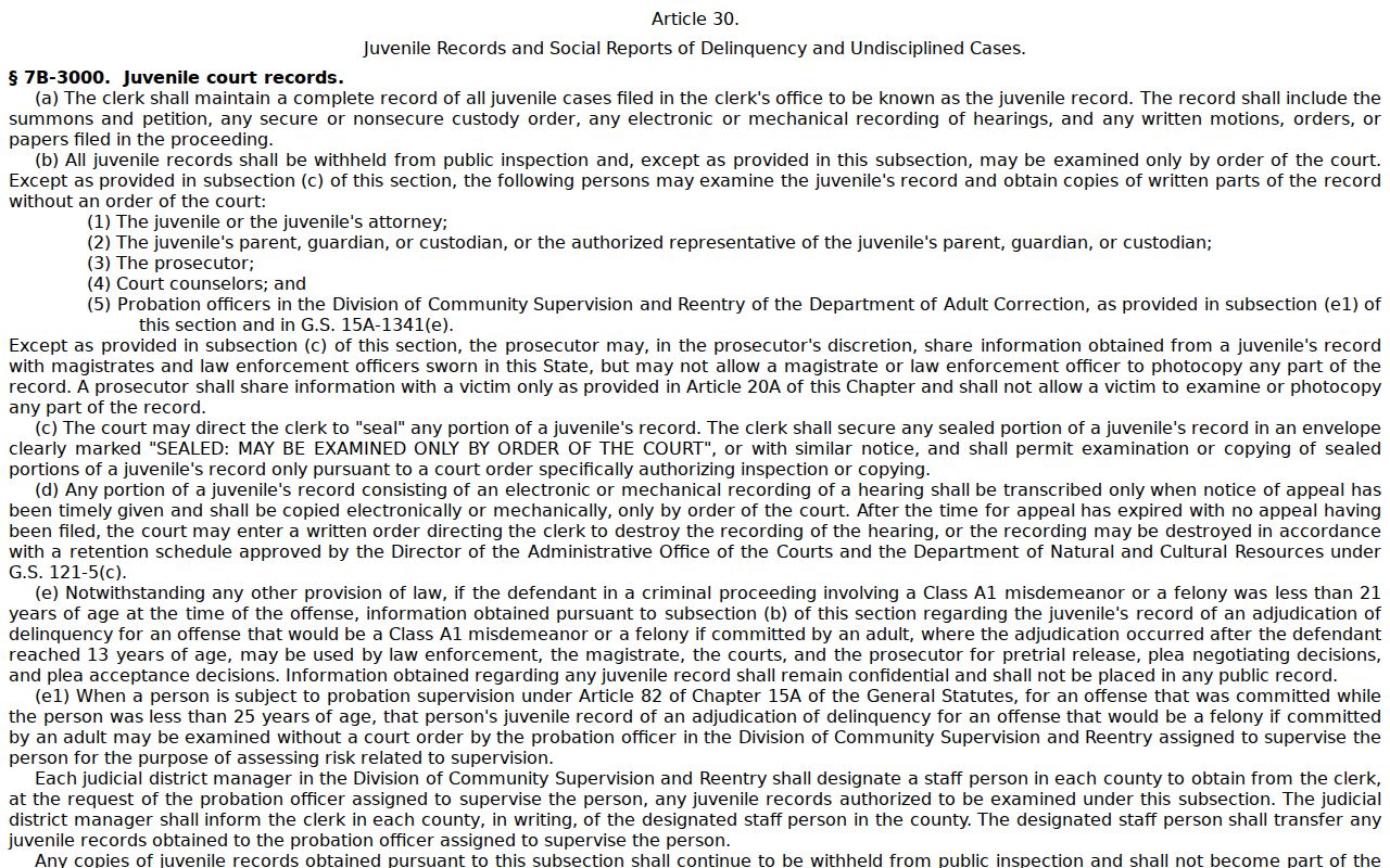 Official juvenile-record restriction statute relevant to an Onslow County criminal docket search