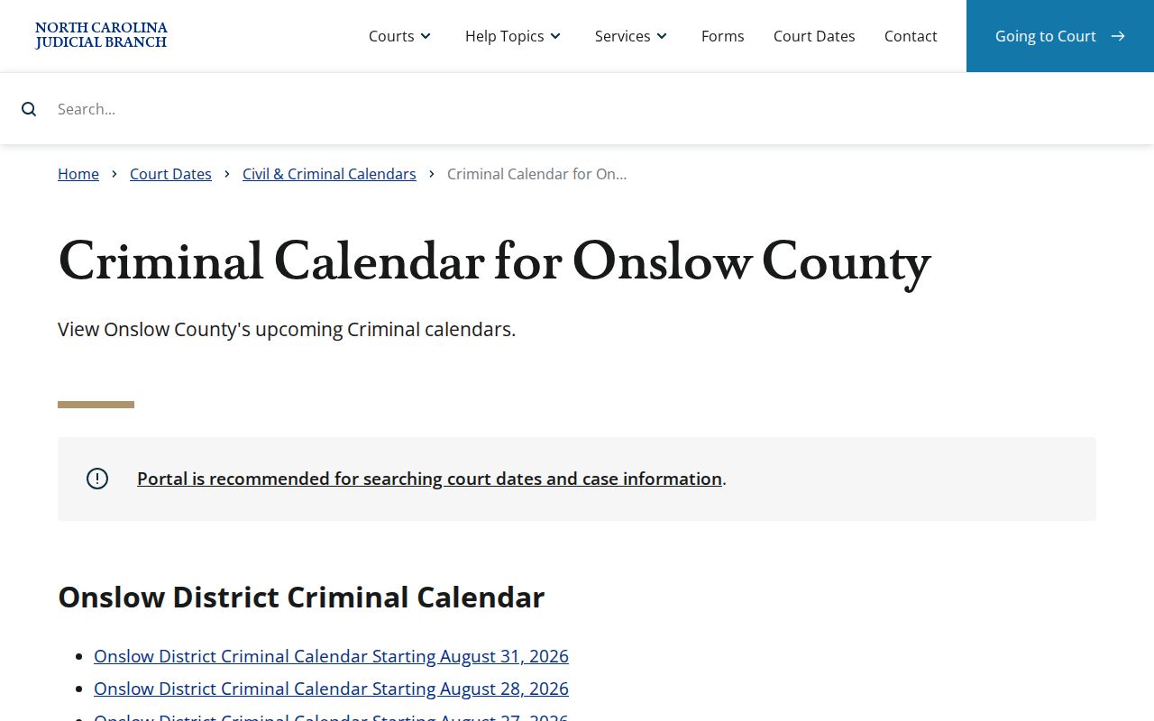 Onslow County criminal docket calendar results interface