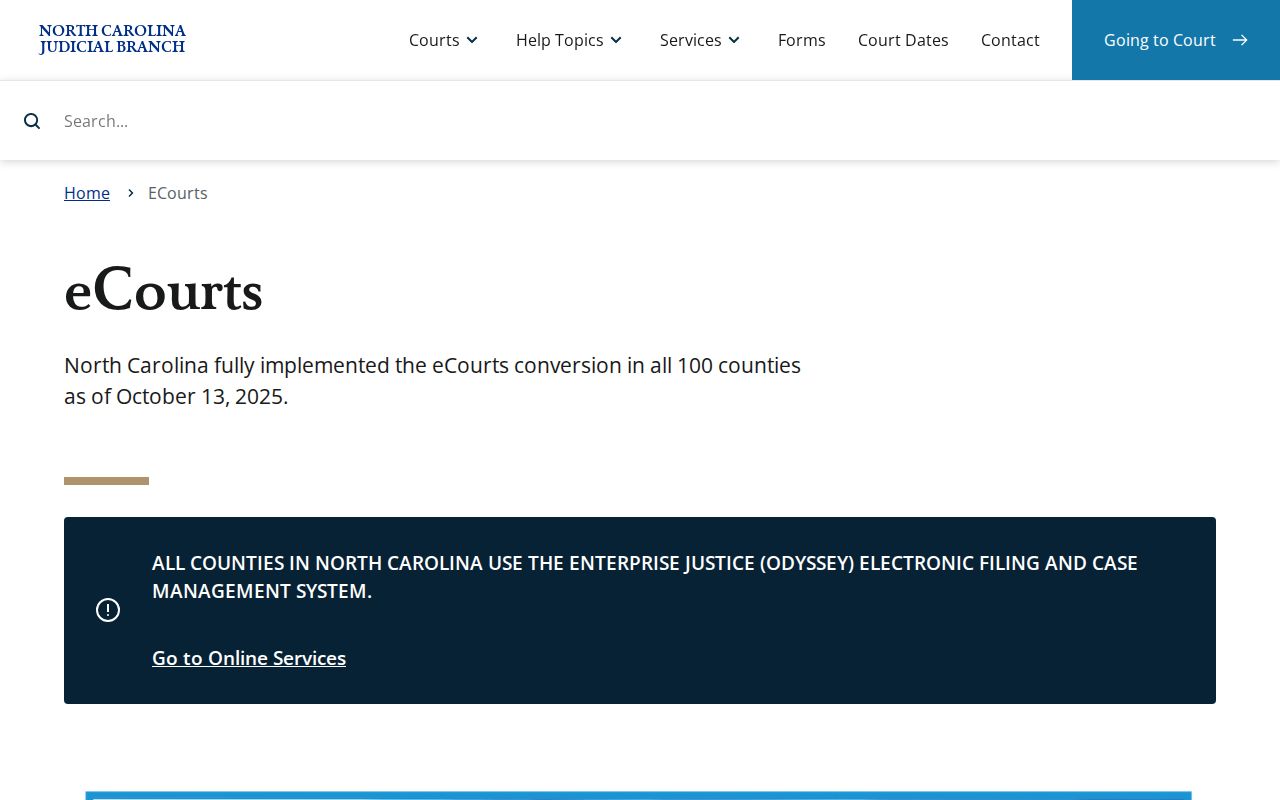 Holly Ridge court docket access in Onslow County through North Carolina statewide eCourts Portal