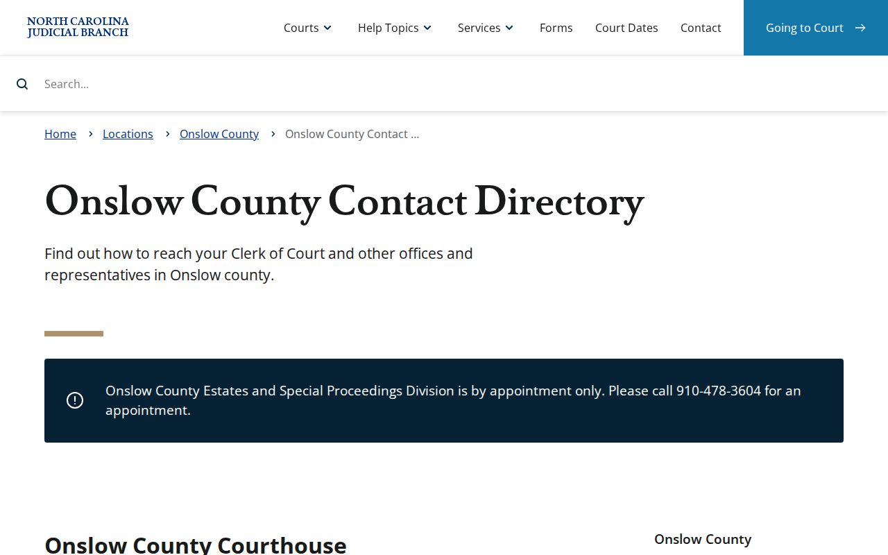Jacksonville court docket access in Onslow County through Clerk and judges office contact directory