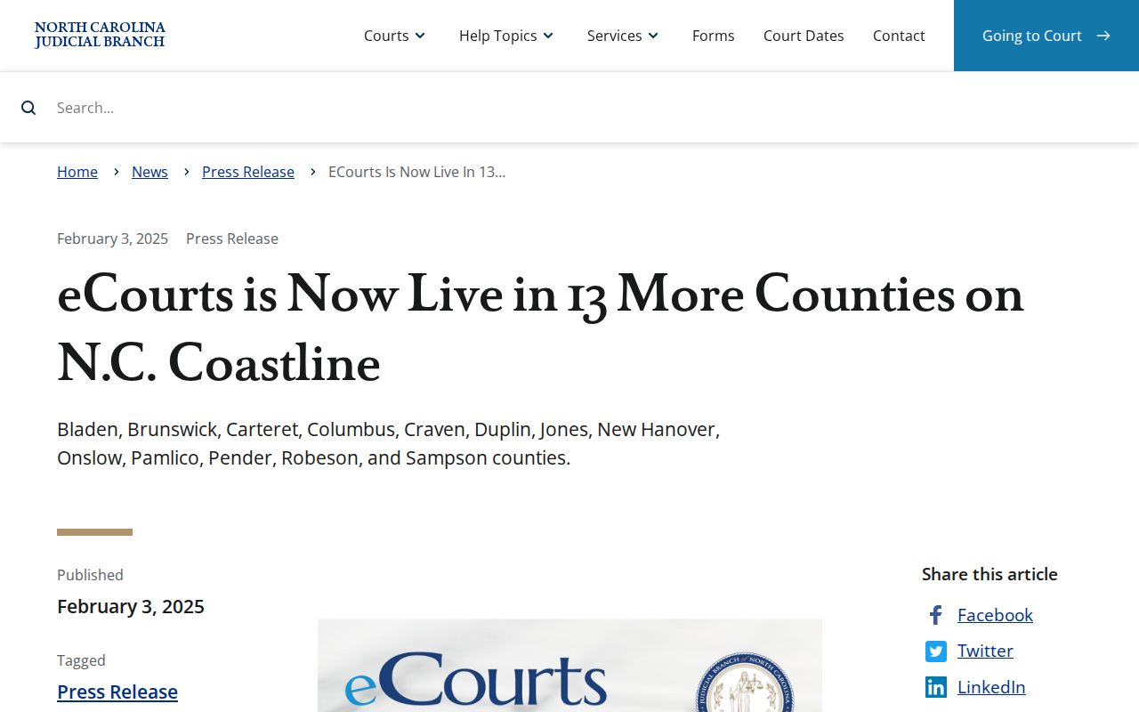 February 2025 Onslow eCourts conversion announcement relevant to Richlands court docket searches