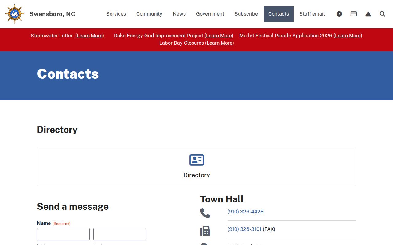 Swansboro Town Hall contact setting distinct from a Swansboro court docket