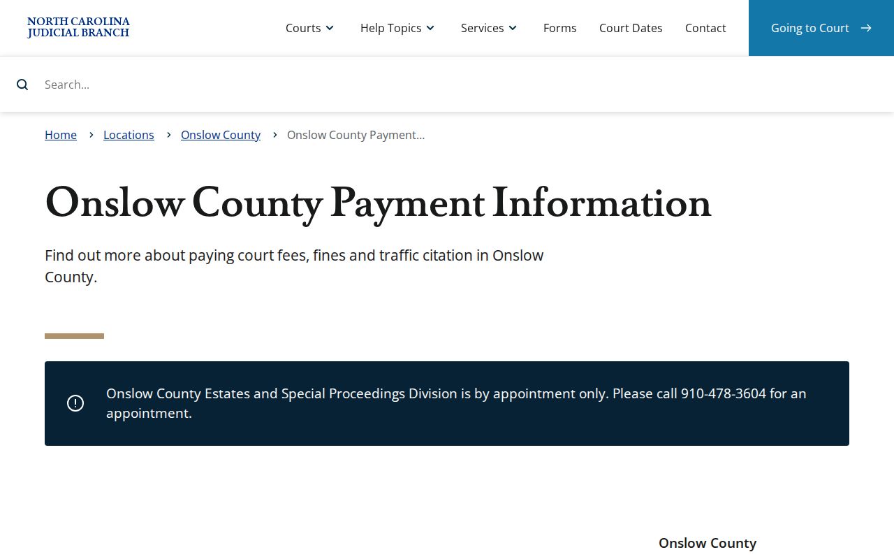 Onslow County traffic court records cashier and payment information